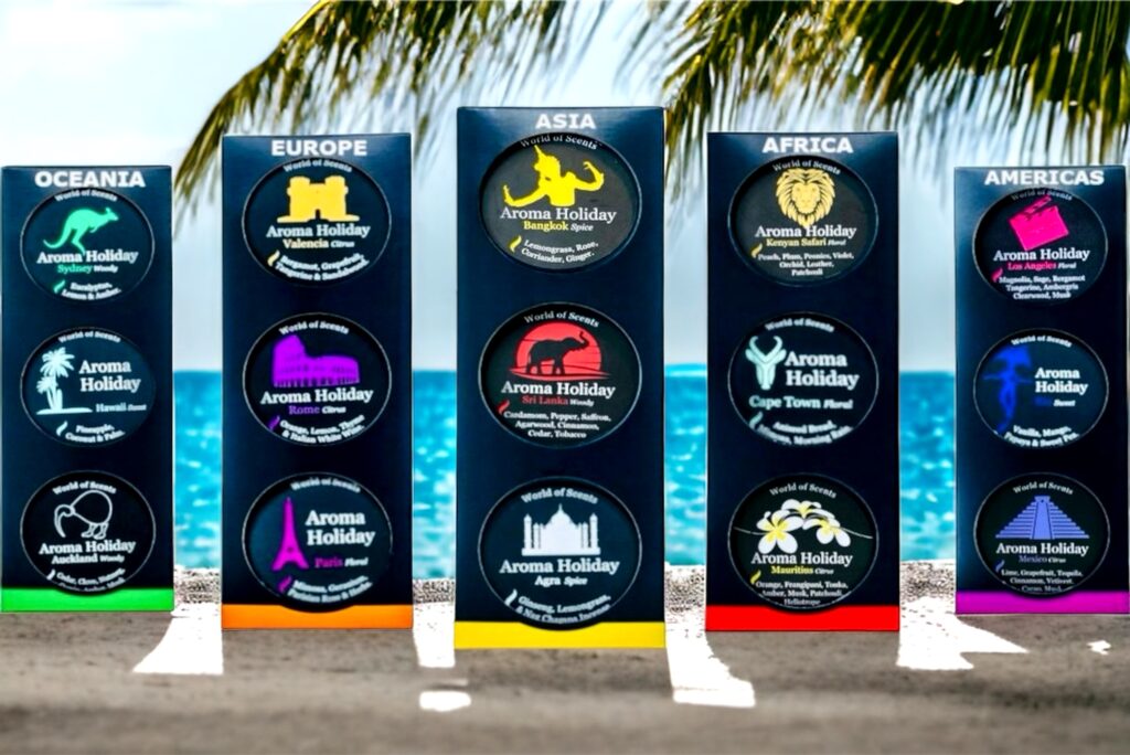 Scented soy candle tins based on holiday destinations around the world, travel 3 tin gift sets made by AromaHoliday U.K.