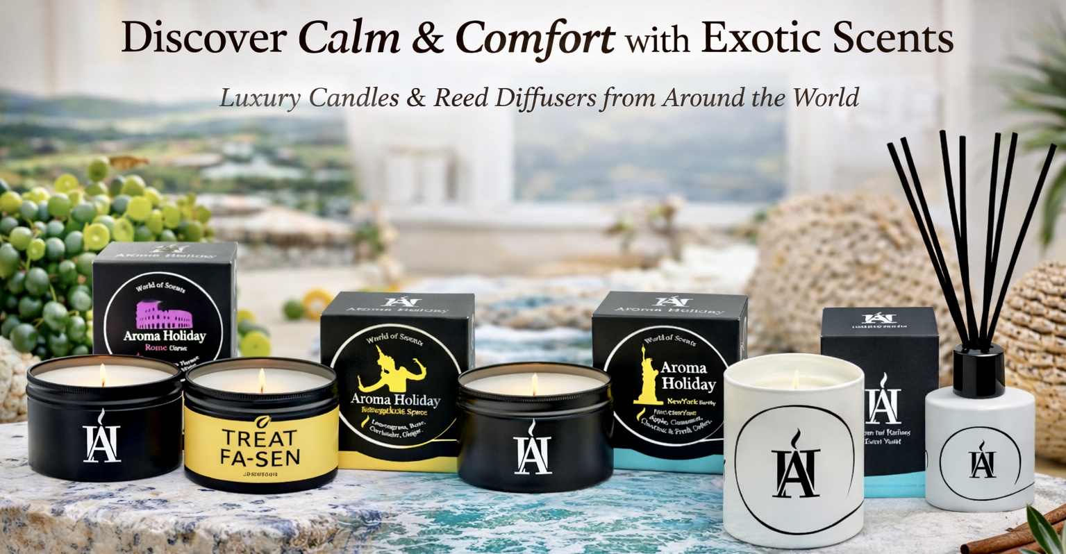 AromaHoliday uk made travel vibe home fragrance products, ideal gifts to bring those past memories alive, shown are candles and Reed diffusers with scents from Rome, nyc, Bangkok, Maldives and Hawaii