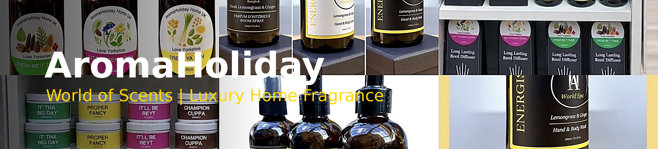 Trade stand banner, products available for trade from AromaHoliday Gifts, luxury candles, diffusers, room sprays and skin care