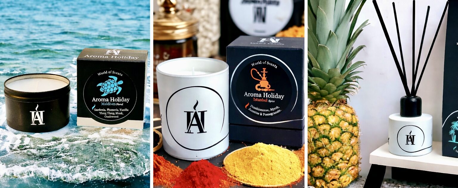 AromaHoliday luxury home fragrance products, includes scented soy candles, Reed diffusers, room sprays and skin care gifts. Based on world travel destinations and made in the U.K.
