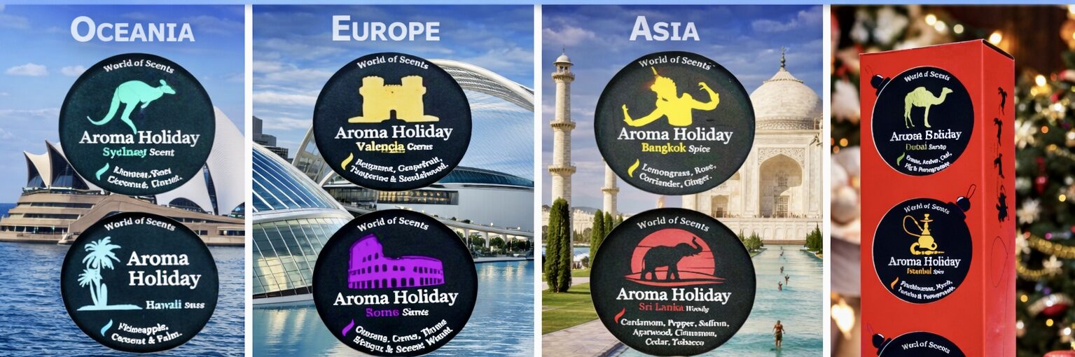 Travel soy tin gift sets designer AromaHoliday UK, 3 beautiful and unique scented world destinations and many to choose from for a gift or for home fragrance.