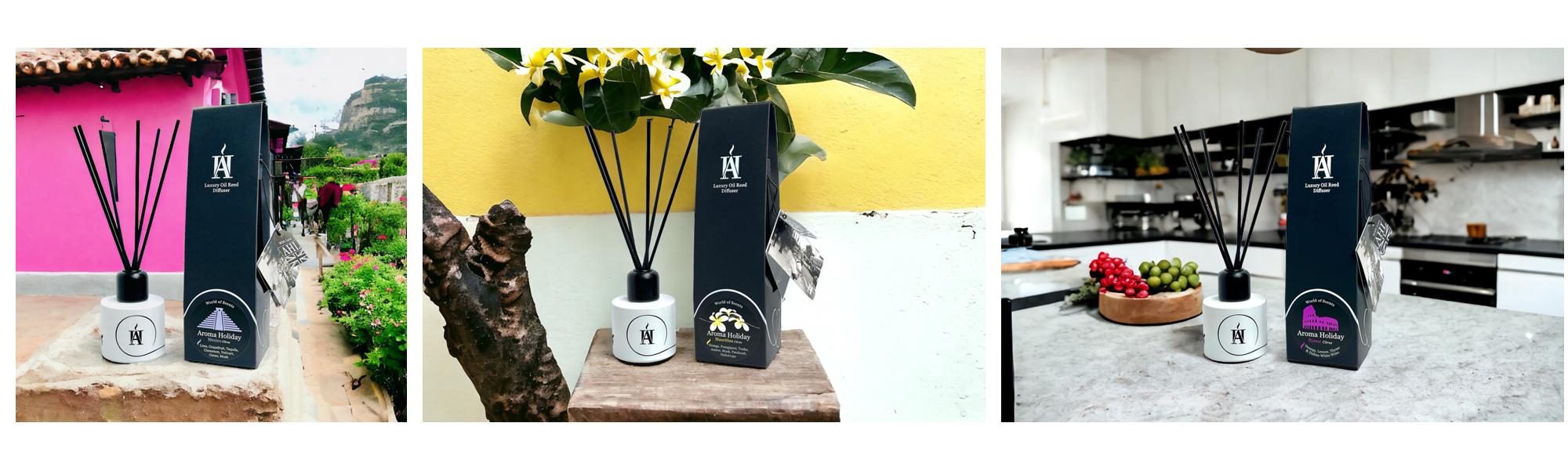Reed diffusers uk, made by AromaHoliday and based on stunning world travel locations