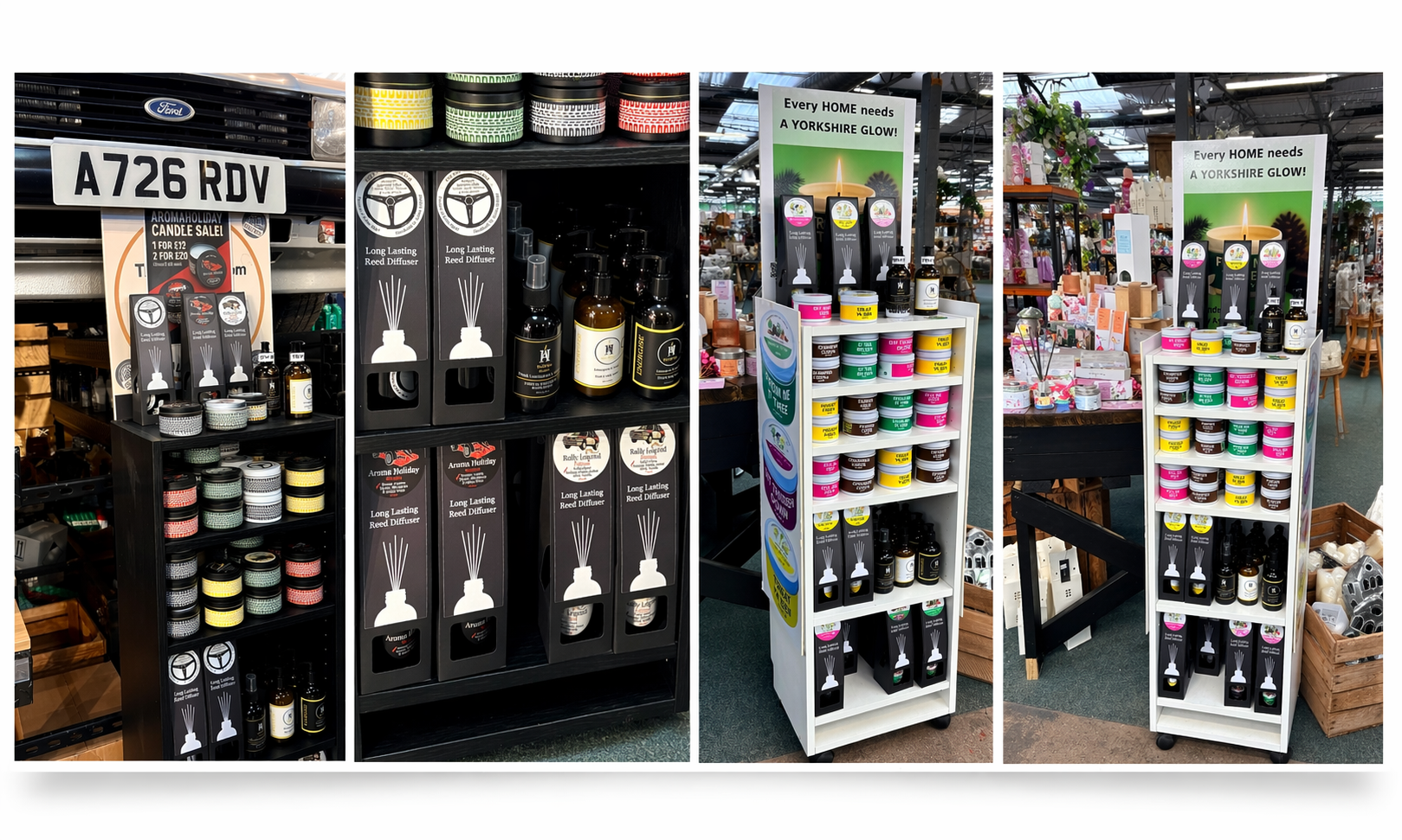 Wholesale AromaHoliday home fragrance gift stands in retail shops. Themed Candles, Reed Diffusers, Room Spray, Hand and body wash and lotion. Made in Yorkshire uk