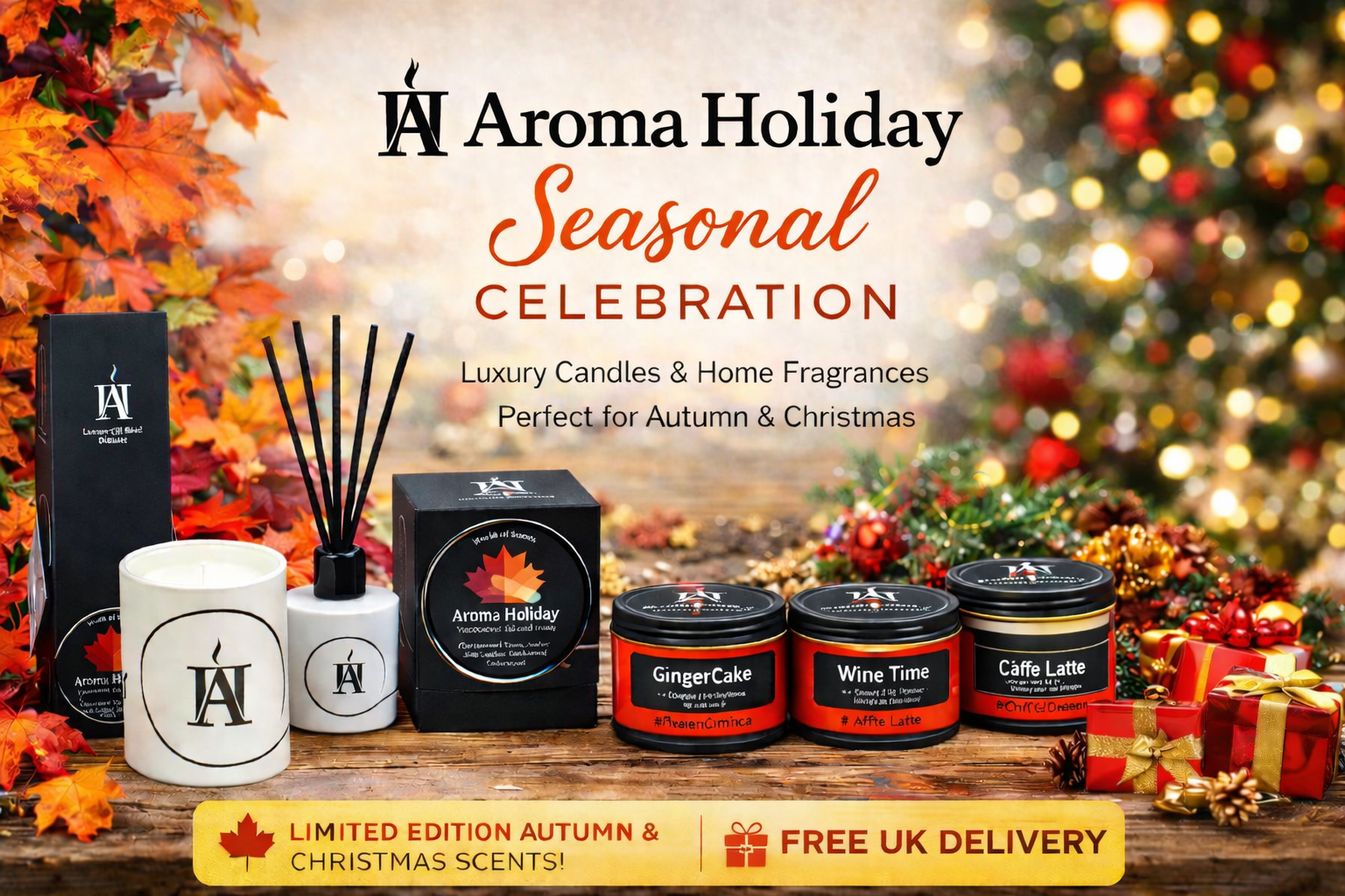 Autumn Christmas aromas by AromaHoliday U.K. makers of travel inspired candles, diffusers, room sprays, skin care products