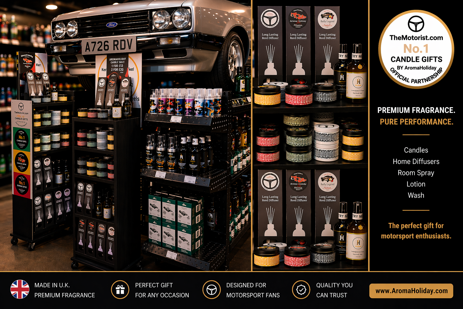 The Motorist gifts uk stand by AromaHoliday Yorkshire, containing amazing motorsport themed soy candles, diffusers, lotion, wash and room spray, unique colour for retail and wholesale shops