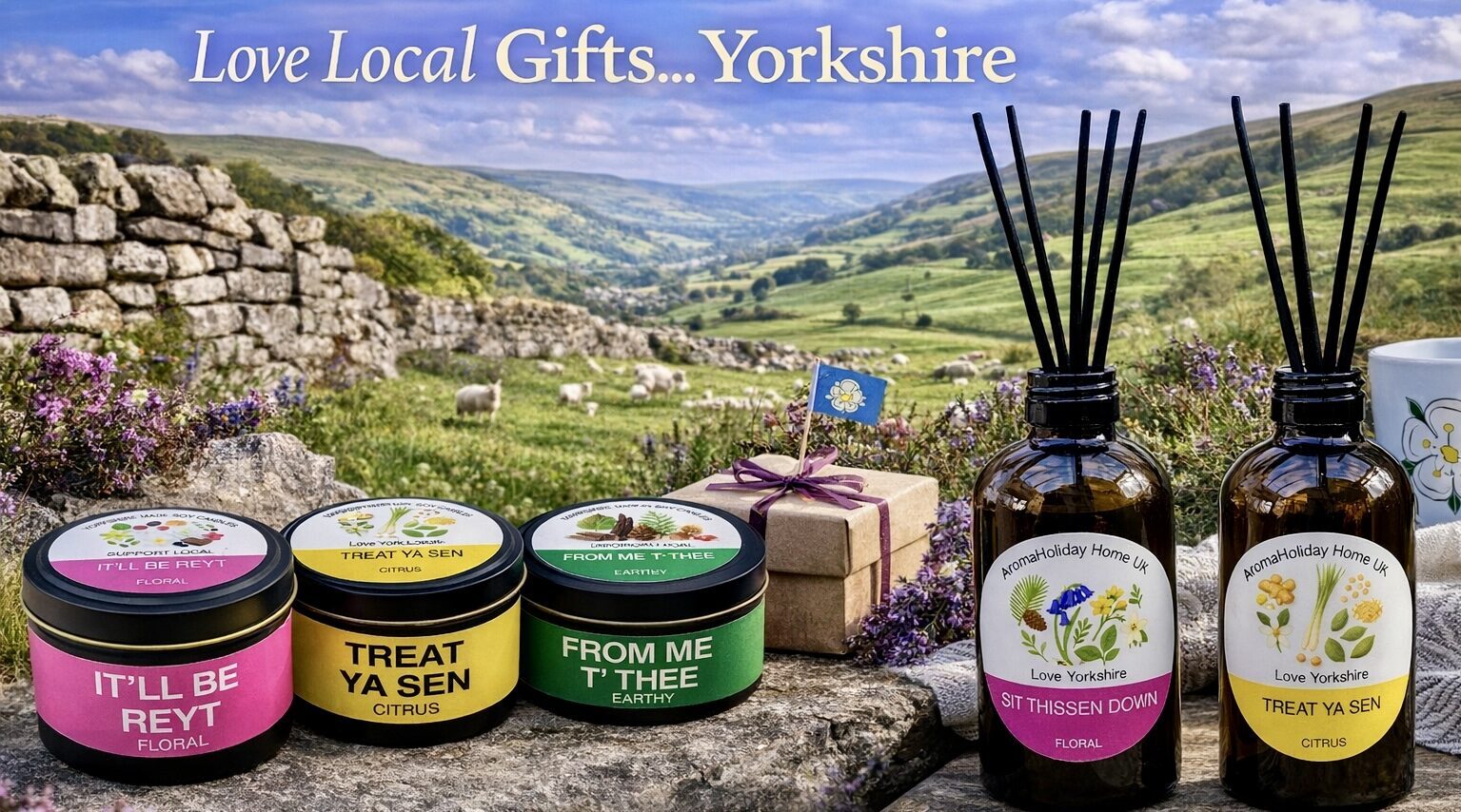 Yorkshire scented home fragrance candle and Reed diffuser gifts made by AromaHoliday U.K.