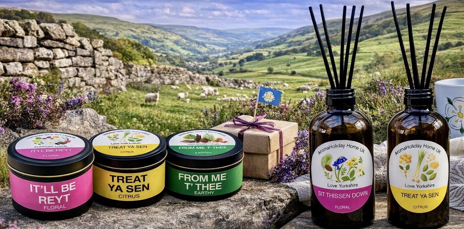 Yorkshire scented home fragrance candle and Reed diffuser gifts made by AromaHoliday U.K.