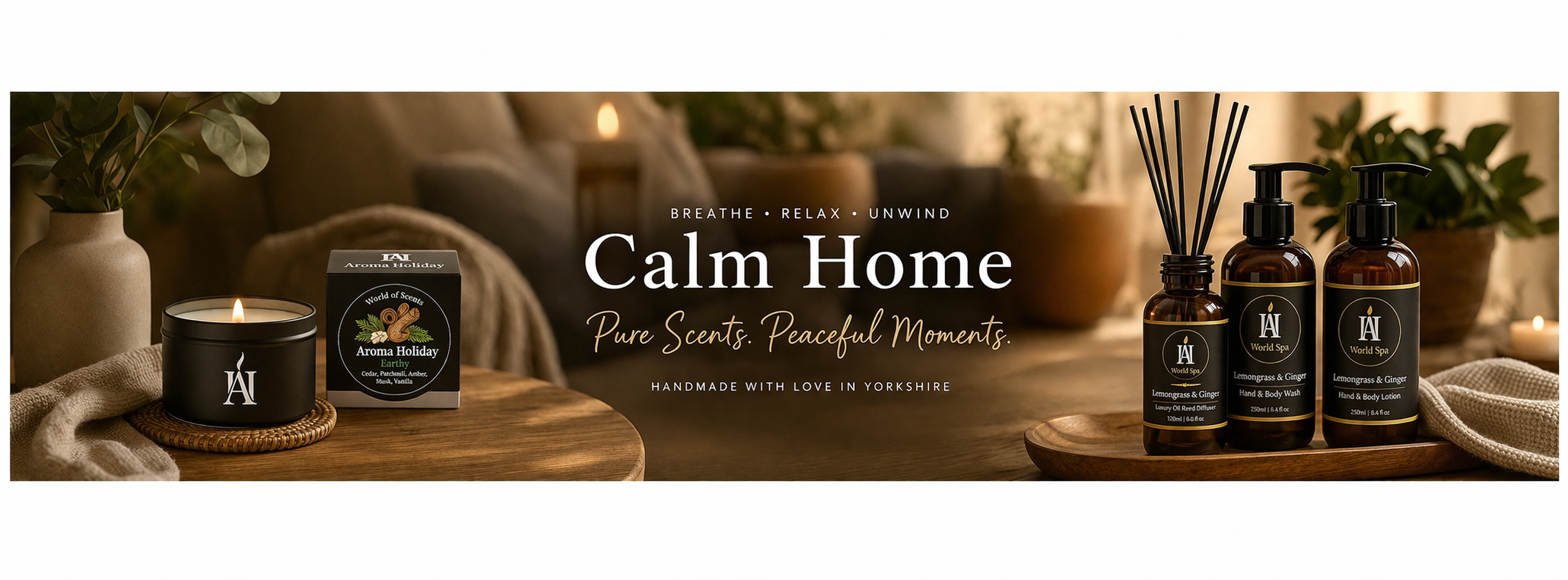 Relaxing scents for the home by AromaHoliday uk, creating calm wellbeing atmospheres, soy scented luxury candles, Reed diffusers and skin care.