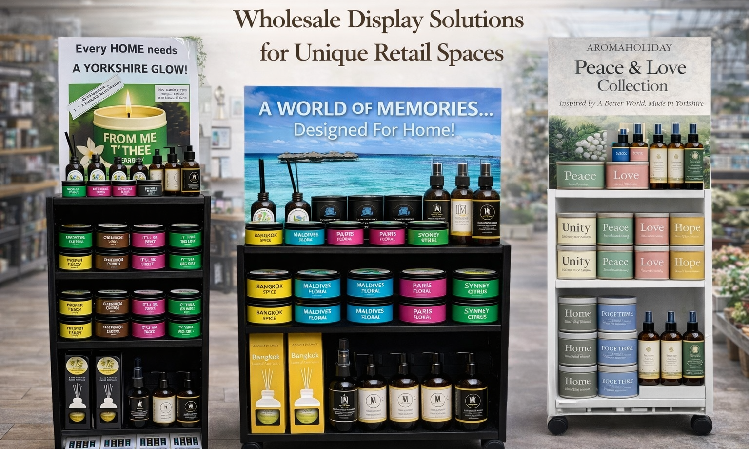 Wholesale product AromaHoliday stands for retail, different themes Yorkshire local sayings, travel, peace and love, candles, diffusers, room spray and skin care