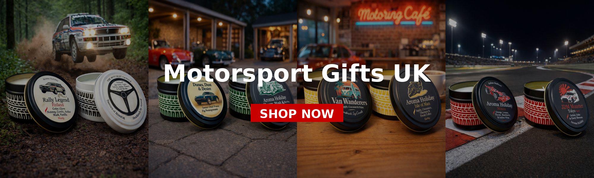 Motorsport wholesale and retail gifts, candles with colourful racing themes and tire treads that go around the tins.